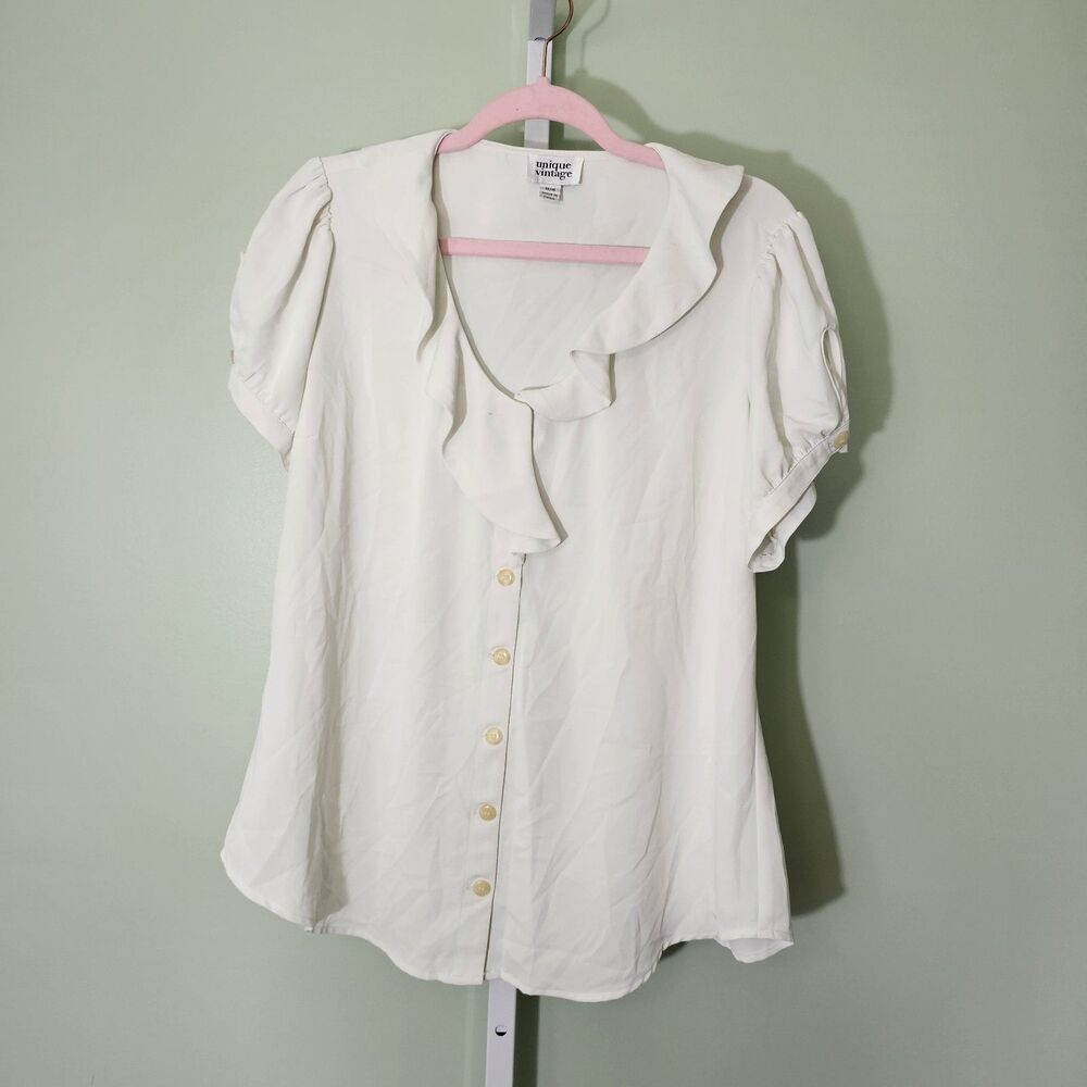Unique Vintage Ivory Ruffle Short Sleeve Blouse 1X 16‎ White